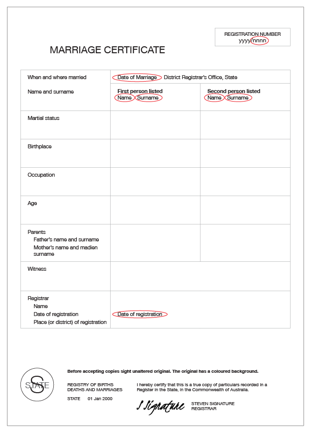 Example of QLD marriage certificate