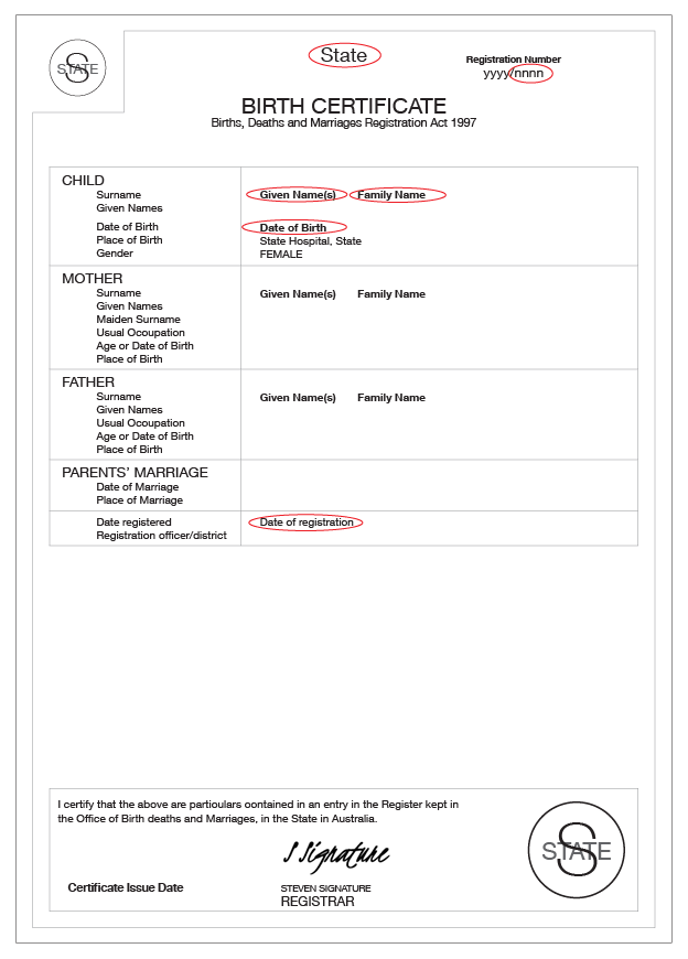 Tasmania Birth certificate example