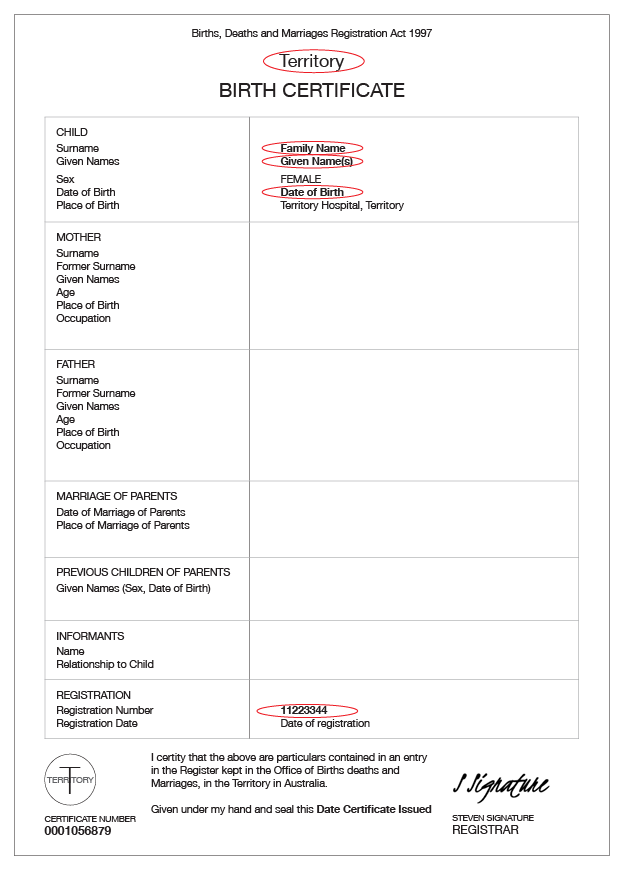 Birth certificate ACT example